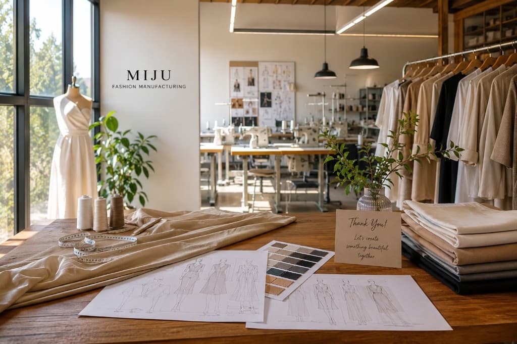Studio thiết kế và xưởng may MIJU — bàn làm việc với phác thảo, vải mẫu và công cụ may